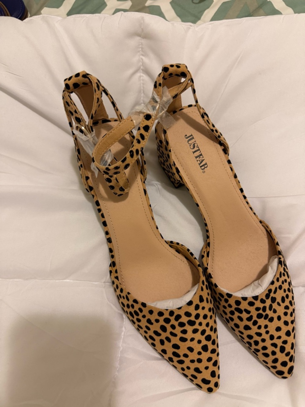 JustFab Leopard Spot Pointed Ankle-Strap Pumps - Tan/Black